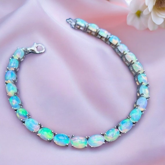 Natural Opal Bracelet, Tennis Bracelet, 925 Sterling Silver, Charm Bracelet, Colourful Stone Bracelet, Women Jewellery