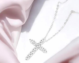 Moissaniet kruishanger ketting, 925 sterlingzilver, 18 kt witgoud verguld