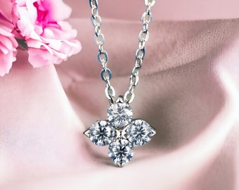 Moissanite Four Leaf Clover Necklace: 925 Sterling Silver, 14K Gold Plated