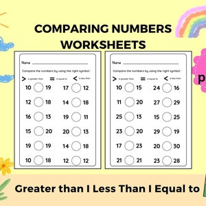 Puede incluir: Hoja de trabajo en blanco y negro con el título "Comparación de números - Hojas de trabajo". La hoja de trabajo tiene dos columnas de problemas de comparación de números. Los problemas piden al usuario que compare dos números usando los símbolos mayor que, menor que o igual a. La hoja de trabajo está diseñada para niños que aprenden habilidades matemáticas básicas.
