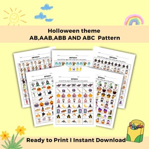 May include: Printable Halloween-themed worksheets for kids to practice identifying patterns. The worksheets feature various Halloween icons like ghosts, pumpkins, bats, and witches. The text on the worksheets reads "AB, AAB, ABB and ABC Pattern".