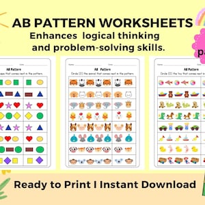 Puede incluir: Un conjunto de 10 hojas de trabajo imprimibles para que los niños practiquen la identificación de patrones. Las hojas de trabajo presentan formas, animales y juguetes coloridos. El título de las hojas de trabajo es "AB Pattern Worksheets" y el texto "Enhances logical thinking and problem-solving skills." también está incluido.