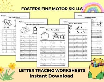 Könnte beinhalten: Buchstaben-Tracing-Arbeitsblätter mit Illustrationen von Hund, Fledermaus, Apfel und Katze. Die Arbeitsblätter enthalten Groß- und Kleinbuchstaben zum Üben des Nachzeichnens. Der Text "FOSTERS FINE MOTOR SKILLS" und "LETTER TRACING WORKSHEETS Instant Download" sind ebenfalls sichtbar.