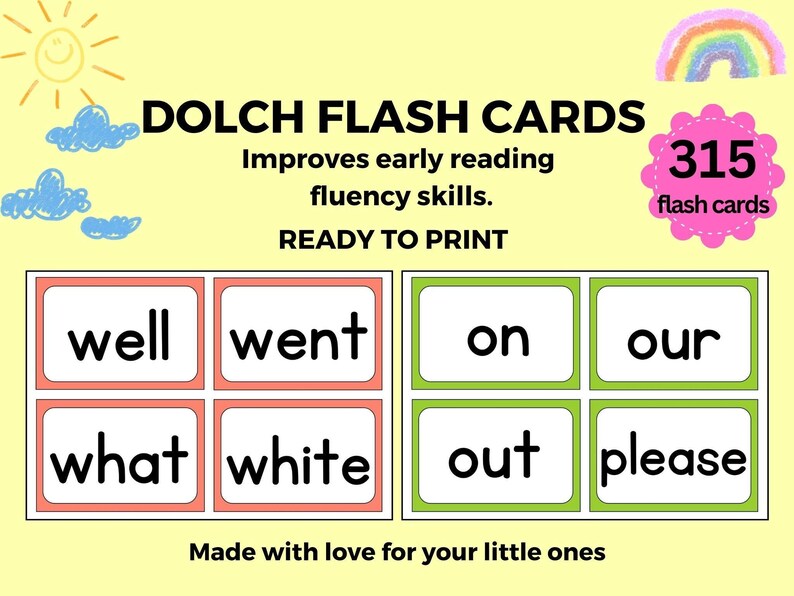 Dolch Flash Cards, Kinder Homeschool Sight Words, Prek and Kindergarten ...