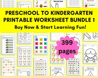 May include: A colorful image advertising a printable worksheet bundle for preschool and kindergarten. The image features a variety of worksheets with different themes, including animals, letters, numbers, and shapes. The text "PRESCHOOL TO KINDERGARTEN PRINTABLE WORKSHEET BUNDLE 1" is displayed in large, bold letters. The text "Buy Now & Start Learning Fun!" is also displayed in bold letters. The text "399 pages" is displayed in a pink circle. The text "Ready to Print I Instant Download" is displayed at the bottom of the image.
