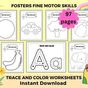 May include: A set of 97 printable worksheets for kids to practice tracing and coloring. The worksheets feature a variety of shapes, letters, and objects, such as a circle, car, tree, beach ball, banana, elephant, and the letter 'A'.