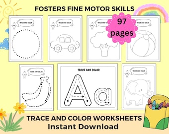 Trace and Color Worksheet for Kids, Trace Practice, Fine Motor Skills, Homeschool Worksheets, Kindergarten, Printable Preschool Trace Pages
