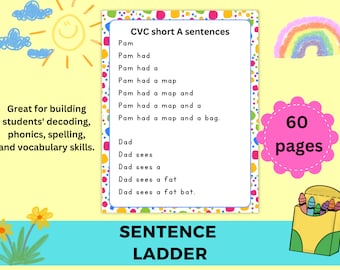 Sentence ladder, reading fluency improvement, cvc sentences, reading practice, Printables Phonics book , cvc sentences reading