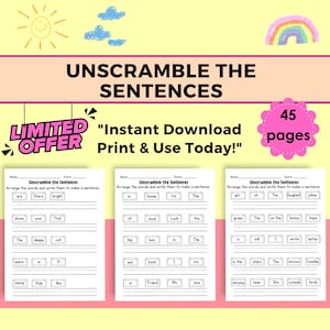 Może przedstawiać: Drukowana karta pracy dla dzieci do rozszyfrowania zdań. Karta pracy ma kolorowy projekt z słońcem, chmurami i tęczą. Tekst na karcie pracy brzmi "Rozszczep zdania". Ta drukowana karta pracy zawiera 45 stron.