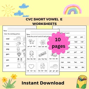 CVC Phonics Worksheets, Short E Word Families, CVC Word List, Early Literacy, Kindergarten Reading and Phonics Reading Worksheets