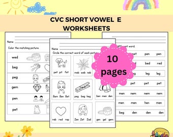 CVC Phonics Worksheets, Short E Word Families, CVC Word List, Early Literacy, Kindergarten Reading and Phonics Reading Worksheets