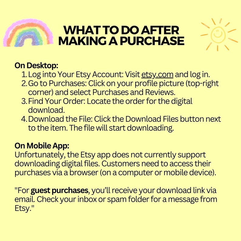 May include: A yellow background with text that reads "WHAT TO DO AFTER MAKING A PURCHASE." Instructions are provided for downloading digital files purchased on Etsy, both on desktop and mobile app.