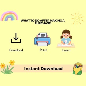 May include: A yellow background with illustrations and text. The text reads "WHAT TO DO AFTER MAKING A PURCHASE" and "Instant Download". Icons include a download arrow, a printer, a girl learning, a rainbow, a sun, flowers, and a crayon box.
