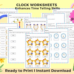May include: A set of 11 printable worksheets for kids to practice telling time. The worksheets feature colorful clocks, stars, and a rainbow. The text on the worksheets says "Clock Worksheets Enhances Time Telling Skills".