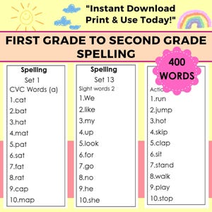 First Grade Spelling and Second Grade Spelling Lists, Grade 1-2 Phonics Worksheets, Sight Words | Year 1 and 2 English Lessons