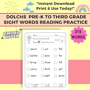 Puede incluir: Una hoja de práctica de lectura de palabras a la vista para estudiantes de pre-K a tercer grado. La hoja de trabajo incluye una lista de verificación para leer palabras como "about" y "cut", y un cuadro de puntuación. El texto "Instant Download Print & Use Today!"