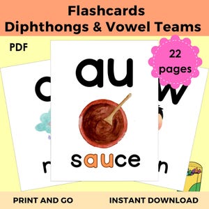 Diphthongs and Vowel Teams Phonics Flashcards | Long Vowel Sound Cards | ESL Learning | Literacy Center | Learn to Read Printable