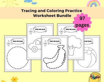 May include: A printable worksheet bundle for tracing and coloring. The bundle includes 97 pages with various shapes and objects to trace, such as a circle, car, banana, tree, and beach ball. The worksheets are black and white and feature a cartoon pencil character.