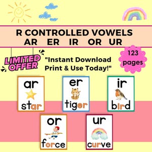 May include: Five colourful flashcards with illustrations and words for the R-controlled vowels: ar, er, ir, or, and ur. The words are "star", "tiger", "bird", "force", and "curve".
