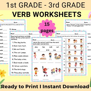 Könnte beinhalten: Ein Satz von 15 druckbaren Arbeitsblättern für Schüler der 1. bis 3. Klasse, um das Erkennen und die Verwendung von Verben zu üben. Die Arbeitsblätter enthalten farbenfrohe Illustrationen und ansprechende Aktivitäten.