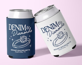 Denim And Diamond Can Cooler Personalized Denim & Diamond Party Favor For Nashville Bachelorette Decor Blue Western Bridal Shower Can Sleeve