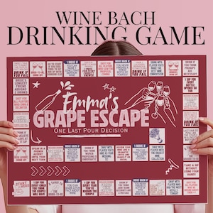 Puede incluir: Un tablero de juego para beber de color burdeos con el texto "WINE BACH DRINKING GAME" y "Emma's GRAPE ESCAPE". El tablero presenta instrucciones ilustradas y lo sostiene una persona.