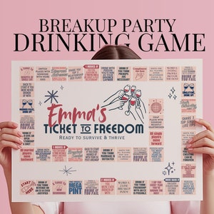 Op de afbeelding: Een roze en wit breukfeest drinkspelbord met de titel "Emma's Ticket to Freedom" en de tekst "Ready to Survive & Thrive". Het bord heeft een raster met verschillende aanwijzingen om te drinken, zoals "Drink als je denkt dat een ex ooit gerechtvaardigd is" en "Drink als je ooit bent gedumpt".