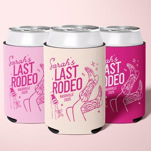 Personalized cowgirl bachelorette can cooler featuring a pink “Last Rodeo” party design, perfect for a Nashville bridal shower, Western bachelorette, or neon cowgirl theme; reusable party favor for bridesmaids with custom name options, fits standard cans, durable and stylish disco cowgirl sleeve to keep drinks cold at your final hoedown.