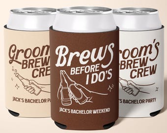 Brews Before I Dos Can Cooler Customized Brewery Can Sleeve for Groom Brew Crew Bachelorette Party Favor Bachelor Weekend Beer Can Holder