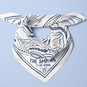 A elegant custom wedding bandana designed with a seashell motif and elegant wedding bell details, personalized for bridesmaids or wedding guests, ideal as a bulk wedding favor or group gift, combining a soft fabric scarf style with a chic bridal neck tie look for beach ceremonies and coastal celebrations.