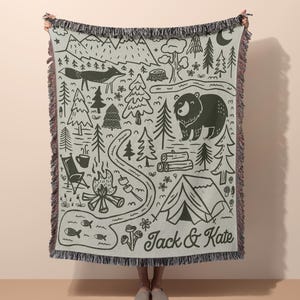 Personalized Camping Throw Blanket Outdoorsy Couple Gift for Nature Lover Tapestry with Family Name Camp Blanket Adventure Couple Keepsake