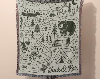 Personalized Camping Throw Blanket Outdoorsy Couple Gift for Nature Lover Tapestry with Family Name Camp Blanket Adventure Couple Keepsake