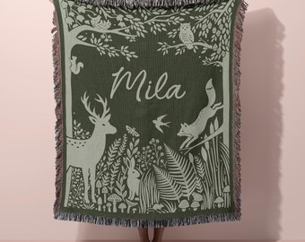 Woodland Animal Blanket Personalized Forest Nursery Woven Throw Enchanted Forest Decor Woodland Nursery Gift Custom Baby Name Blanket Deer