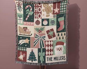 Custom Christmas Blanket Family Name Blanket For Xmas Decor Gift Personalized Christmas Quilt Pattern Holiday Themed Patchwork Woven Throw