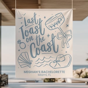 Bannière de bachelorette côtière personnalisée dernier toast sur la côte toile de fond photo plage Bach week-end panneau de bienvenue décoration murale fête grand-mère côtière