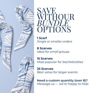 May include: White scarves with a blue wave pattern are displayed against a light blue background. The text reads "SAVE WITHOUT BUNDLE OPTIONS" and lists bundle options for 1, 8, 15, and 25 scarves.