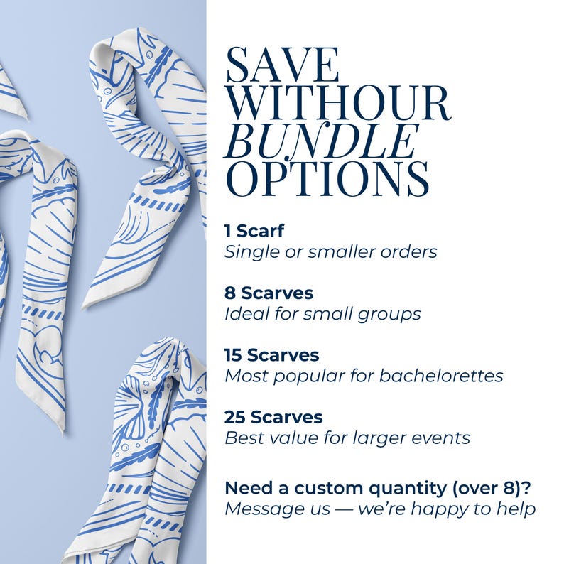 May include: White scarves with a blue wave pattern are displayed against a light blue background. The text reads "SAVE WITHOUT BUNDLE OPTIONS" and lists bundle options for 1, 8, 15, and 25 scarves.
