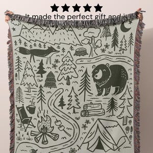 Premium family name blanket with a cozy camping theme, ideal outdoor couple gift or camping family keepsake. This cozy cabin blanket is the perfect nature lover gift with custom details. Perfect custom gift for an anniversairy, dad birthday or couple travel gift.