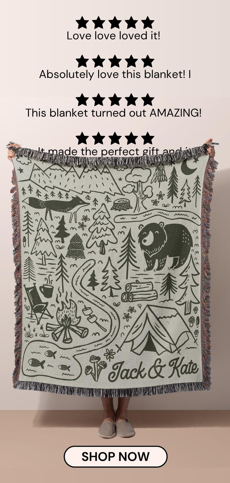 Premium family name blanket with a cozy camping theme, ideal outdoor couple gift or camping family keepsake. This cozy cabin blanket is the perfect nature lover gift with custom details. Perfect custom gift for an anniversairy, dad birthday or couple travel gift.