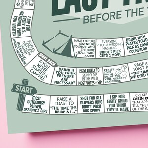 Editable Camp Bride board game printable with personalized text options, ideal for a camp bride theme bachelorette party. This custom drinking game works perfectly as a bridal weekend game for a cabin hen party, offering a fun and interactive outdoor-inspired activity for the bride and her camp crew.