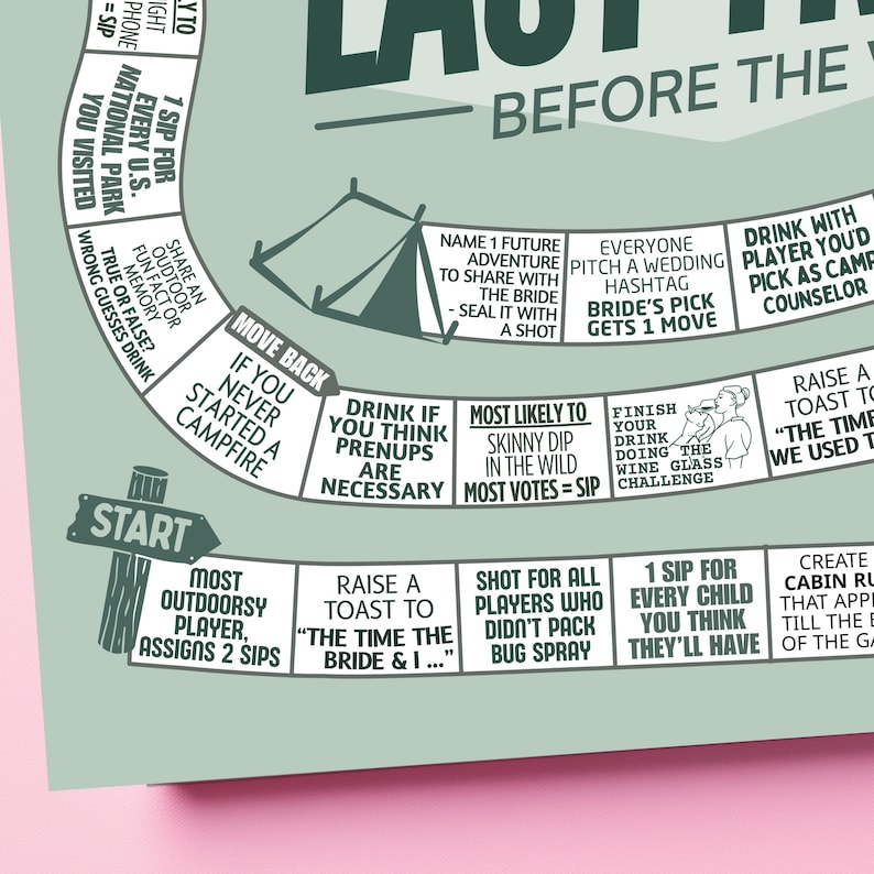 Editable Camp Bride board game printable with personalized text options, ideal for a camp bride theme bachelorette party. This custom drinking game works perfectly as a bridal weekend game for a cabin hen party, offering a fun and interactive outdoor-inspired activity for the bride and her camp crew.