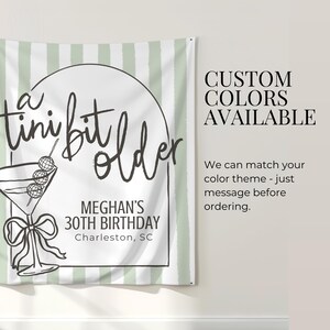 Custom martini birthday party banner perfect for a Tini Bit Party with espresso martinis and glam vibes. Use as a dirty martini party backdrop or cocktail party welcome sign to impress guests celebrating your milestone birthday.