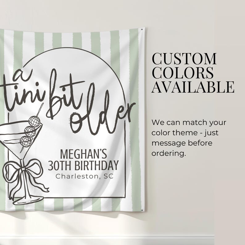 Custom martini birthday party banner perfect for a Tini Bit Party with espresso martinis and glam vibes. Use as a dirty martini party backdrop or cocktail party welcome sign to impress guests celebrating your milestone birthday.