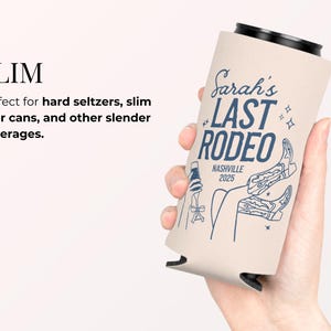 Durable cowgirl party can cooler with a fun disco cowgirl theme, perfect for bachelorette parties and Nashville last rodeo events; personalized sleeve keeps drinks cold, reusable and lightweight, making it the ideal bridesmaid gift or final hoedown party favor.