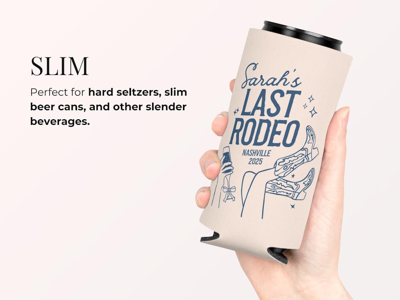 Durable cowgirl party can cooler with a fun disco cowgirl theme, perfect for bachelorette parties and Nashville last rodeo events; personalized sleeve keeps drinks cold, reusable and lightweight, making it the ideal bridesmaid gift or final hoedown party favor.