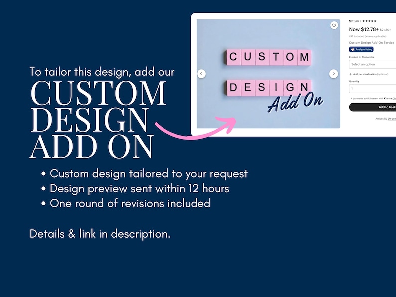 Image promoting Custom Design Add-On service for personalized shirts, banners, can coolers and party items. Design preview sent within 12 hours with one revision included.
