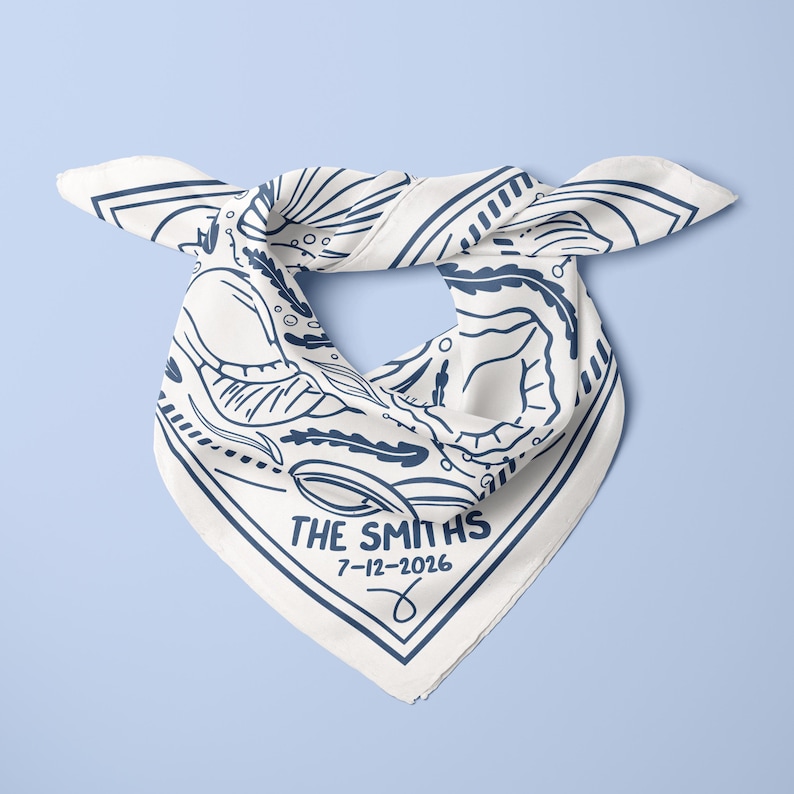 A elegant custom wedding bandana designed with a seashell motif and elegant wedding bell details, personalized for bridesmaids or wedding guests, ideal as a bulk wedding favor or group gift, combining a soft fabric scarf style with a chic bridal neck tie look for beach ceremonies and coastal celebrations.