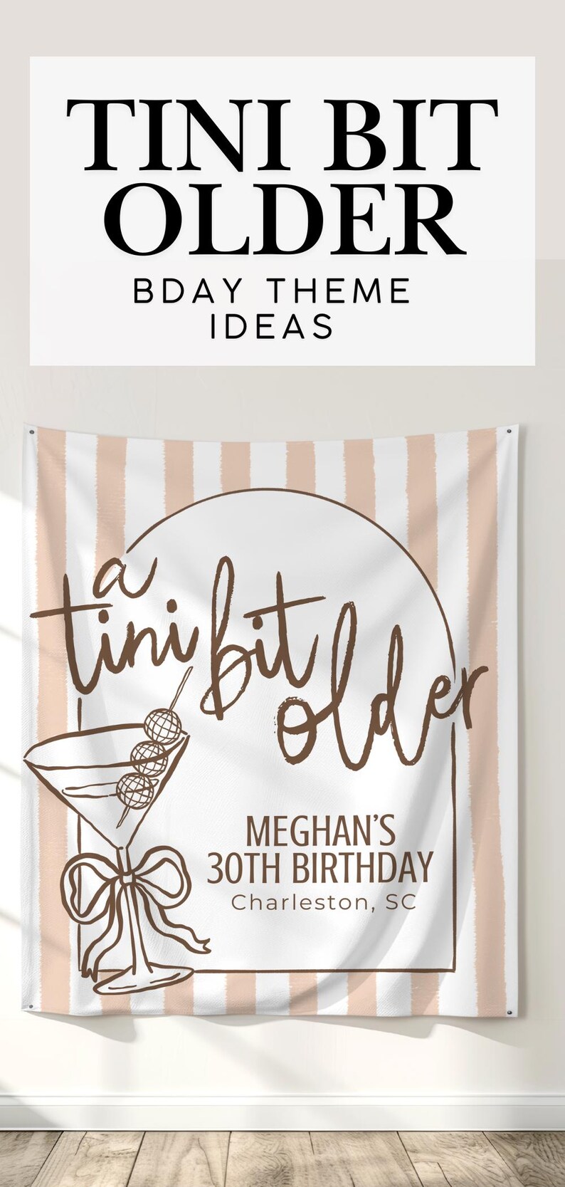 Tini Bit Older Birthday Theme Idea, a custom martini party birthday welcome sign, ideal for a milestone birthday, 30th cocktail party, martini-themed 40th or any tini bit older birthday decor.