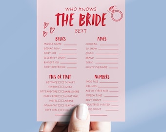 May include: Pink printable bridal shower game card with the title "Who Knows The Bride" and categories for "Basics", "Faves", "This or That", and "Numbers".