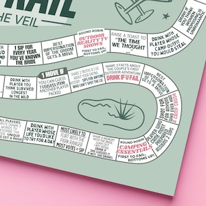 Custom Camp Bach drinking game printable designed as an editable party game for a cabin bachelorette or outdoor bridal shower activity. This editable board game allows you to personalize names and details, creating a unique custom drinking game that fits a lake bachelorette, camp bride idea, or last trail before the veil celebration.